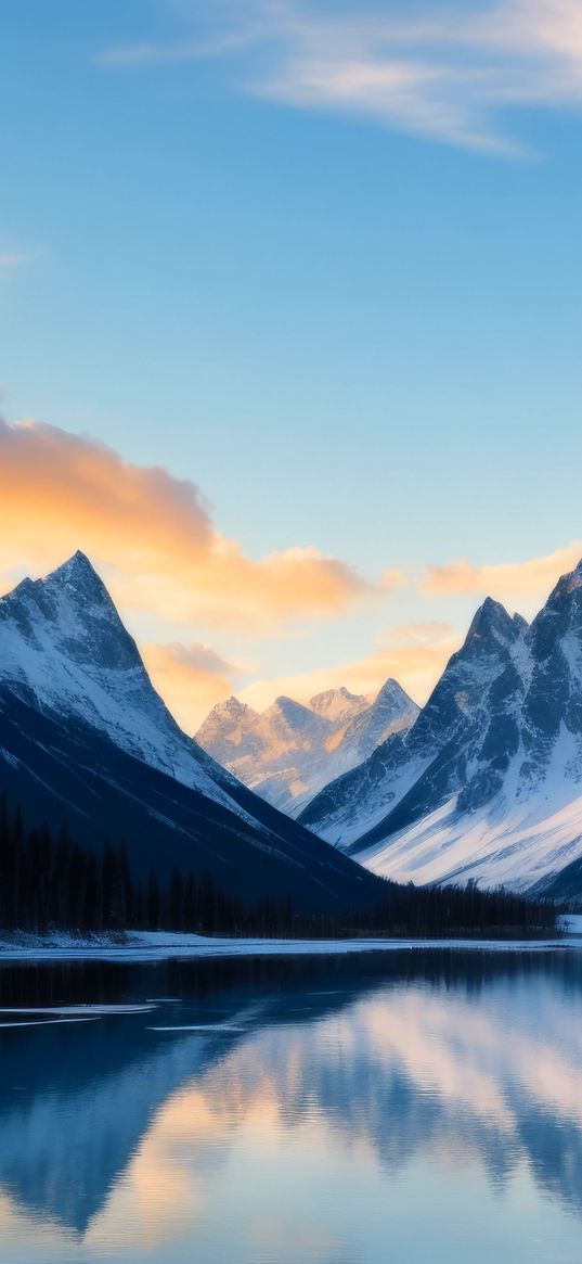 lake, reflection, forest, mountains, snow, winter, clouds, sky, landscape, nature, ai, art