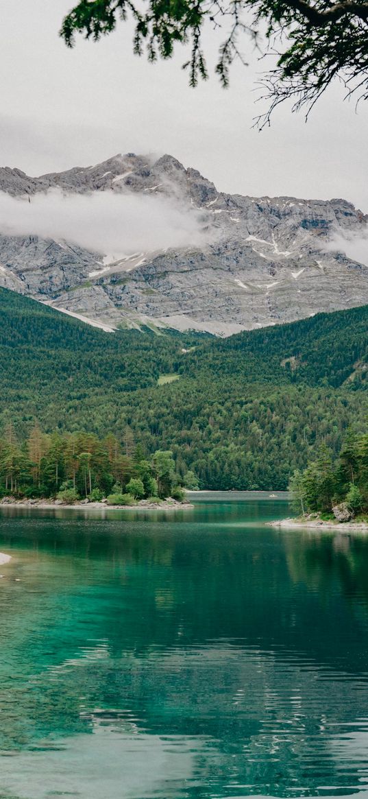 lake, shore, trees, forest, hills, mountains, clouds, sky, landscape, nature