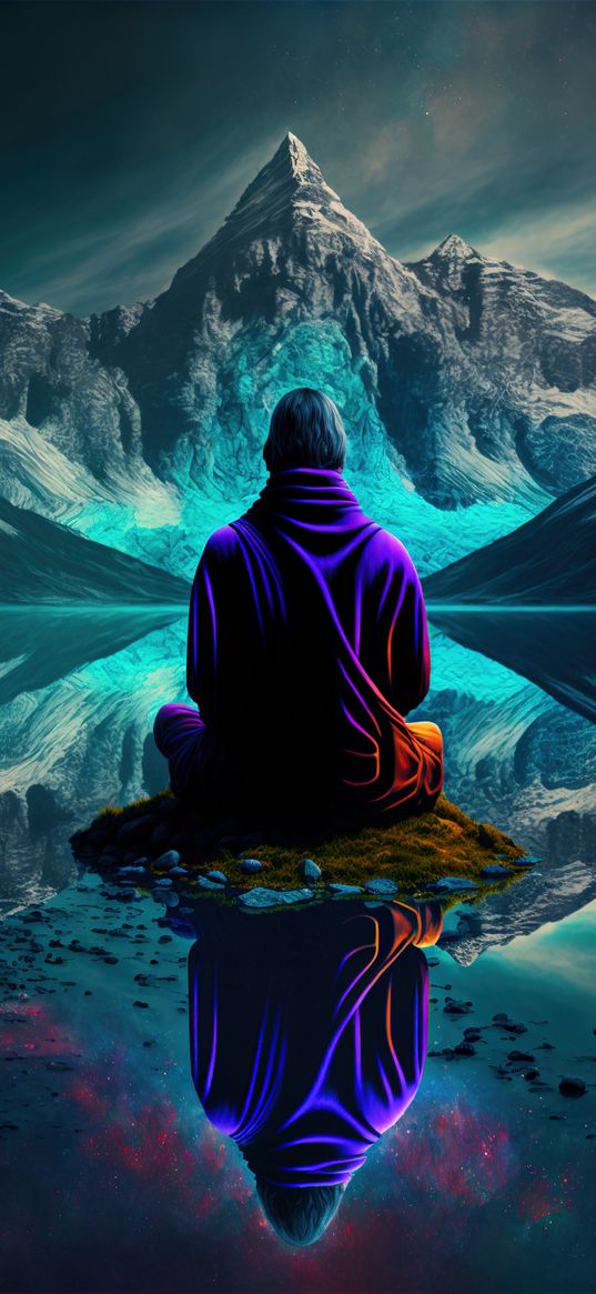 man, meditation, lake, reflection, mountains, ai, art