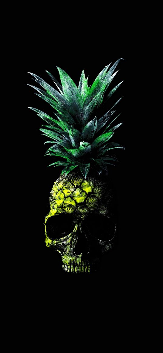 skull, pineapple, fruit, green, art