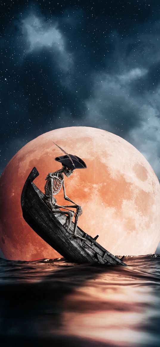 pirate, skeleton, boat, sea, moon, night, art