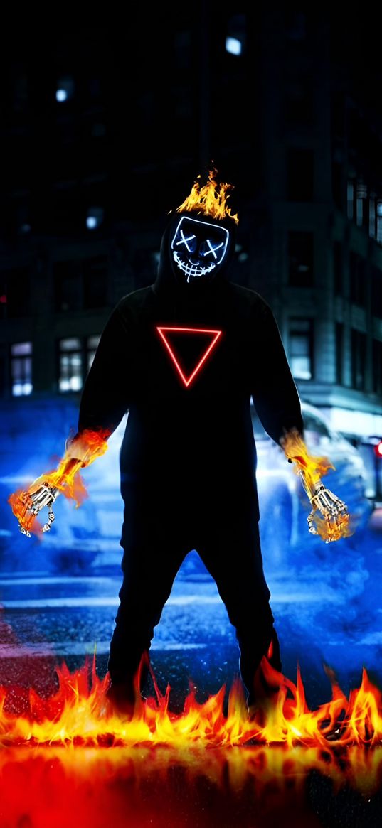 anonymous, mask, hood, neon, bones, fire, street, night, art