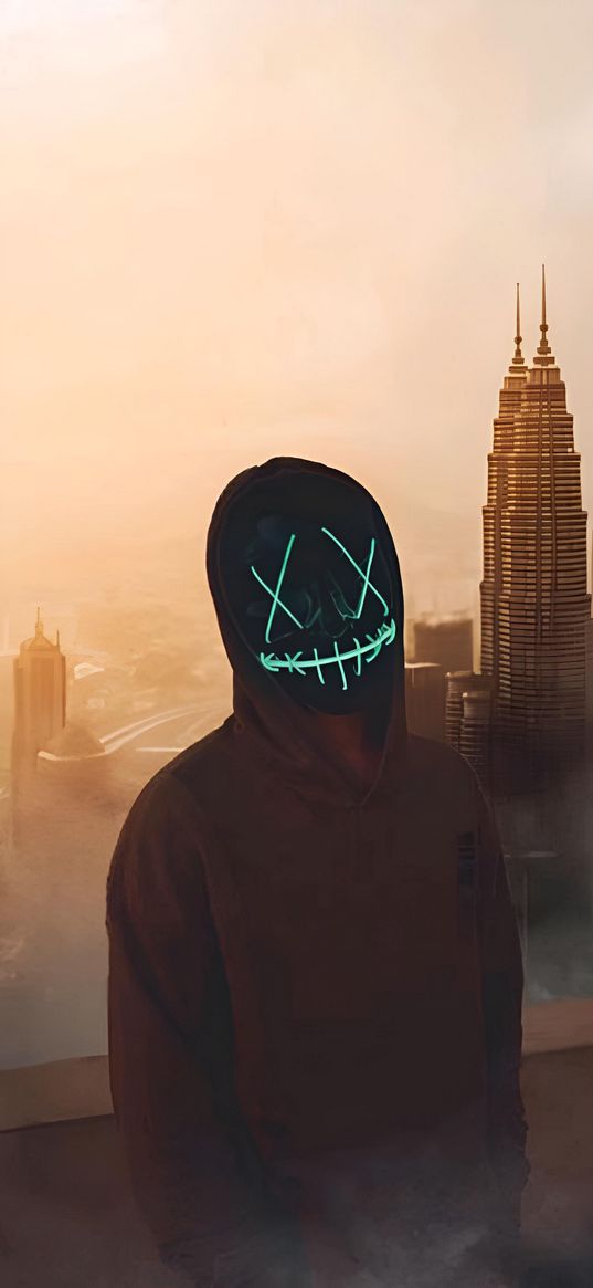 guy, mask, neon, hood, hoodie, roof, skyscraper, city, height, sunset