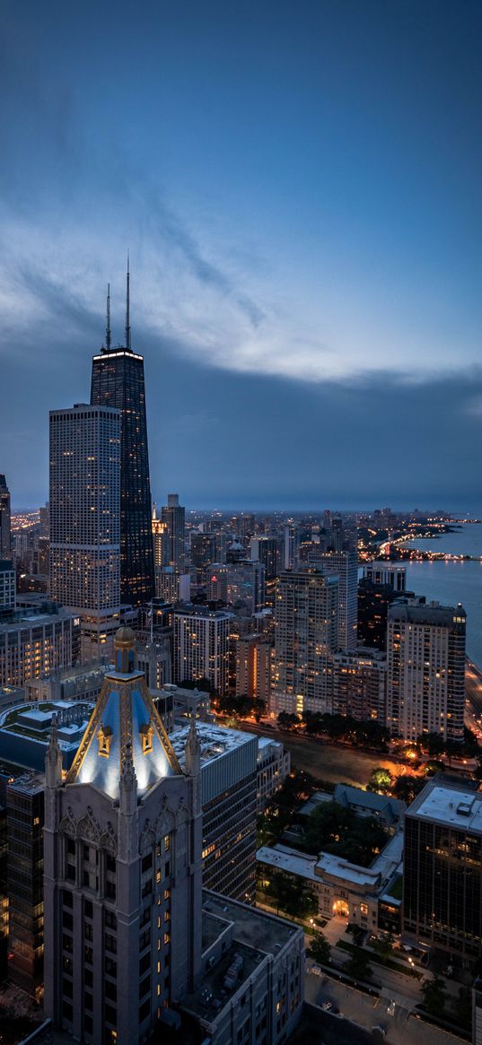 skyscrapers, buildings, city, sea, lights, night, sky, landscape