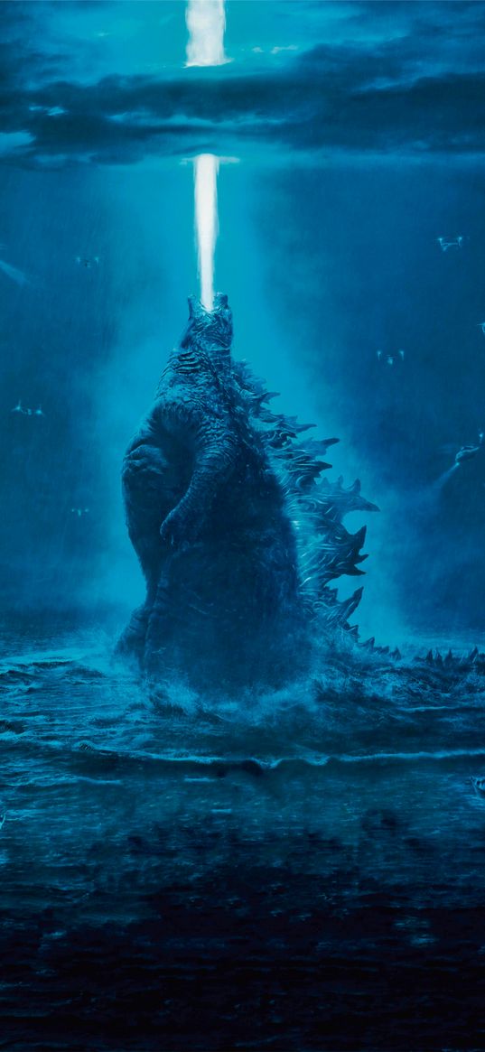 godzilla, movie, monster, ray, sea, ships, helicopters, poster, art