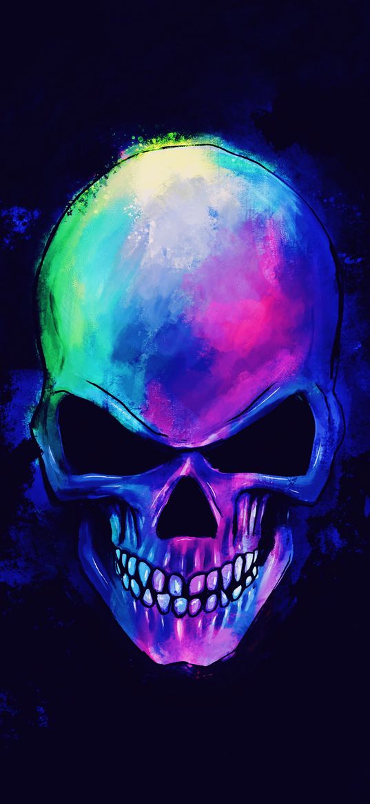 skull, multicolored, blue background, art