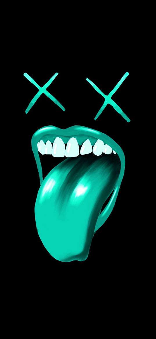 face, mouth, tongue, green, black background, art