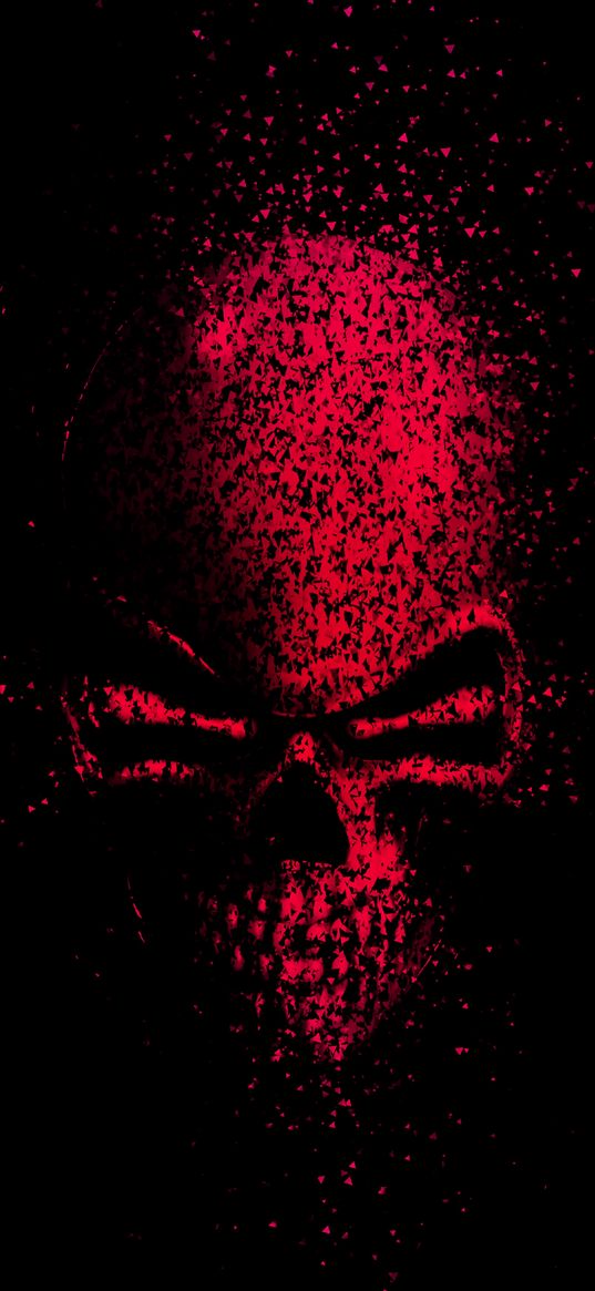 skull, fragments, red, black background, art