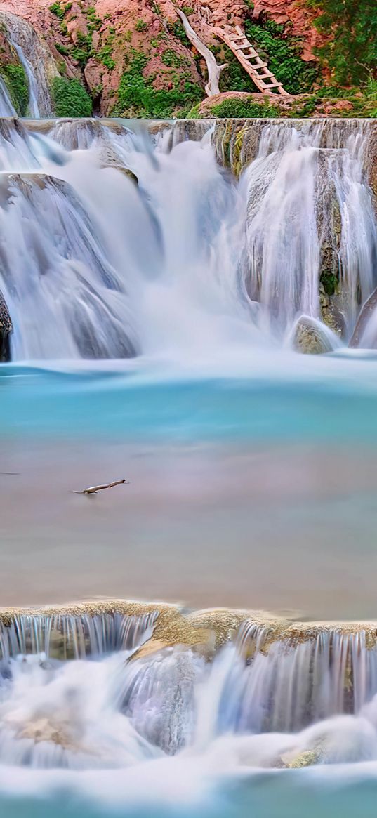 nature, waterfall, lake