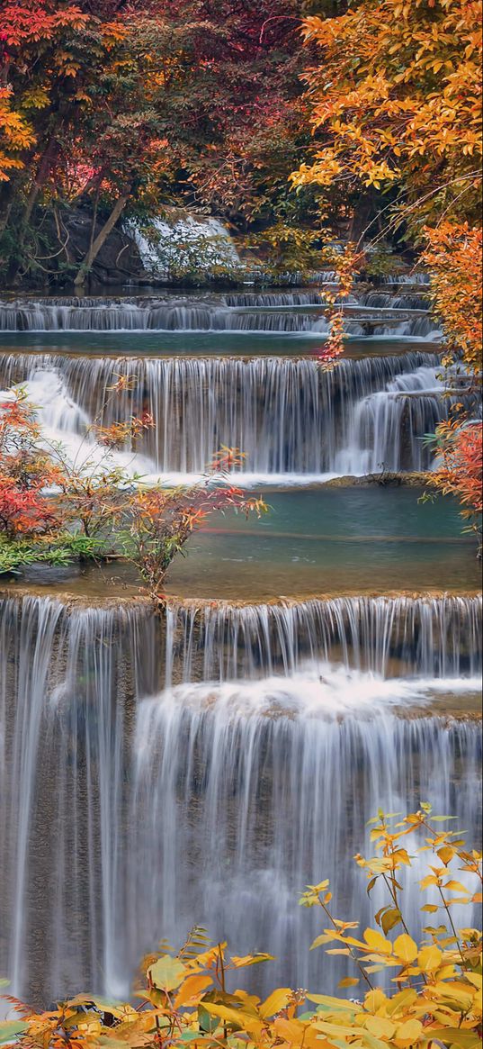 trees, waterfall, lake, autumn