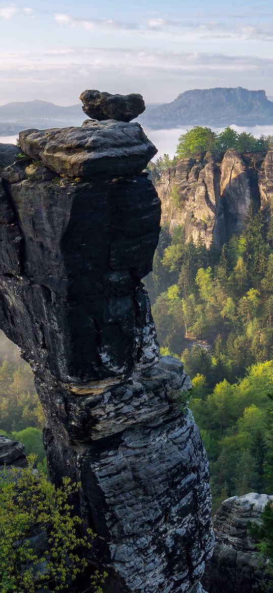 mountains, trees, nature, rocks