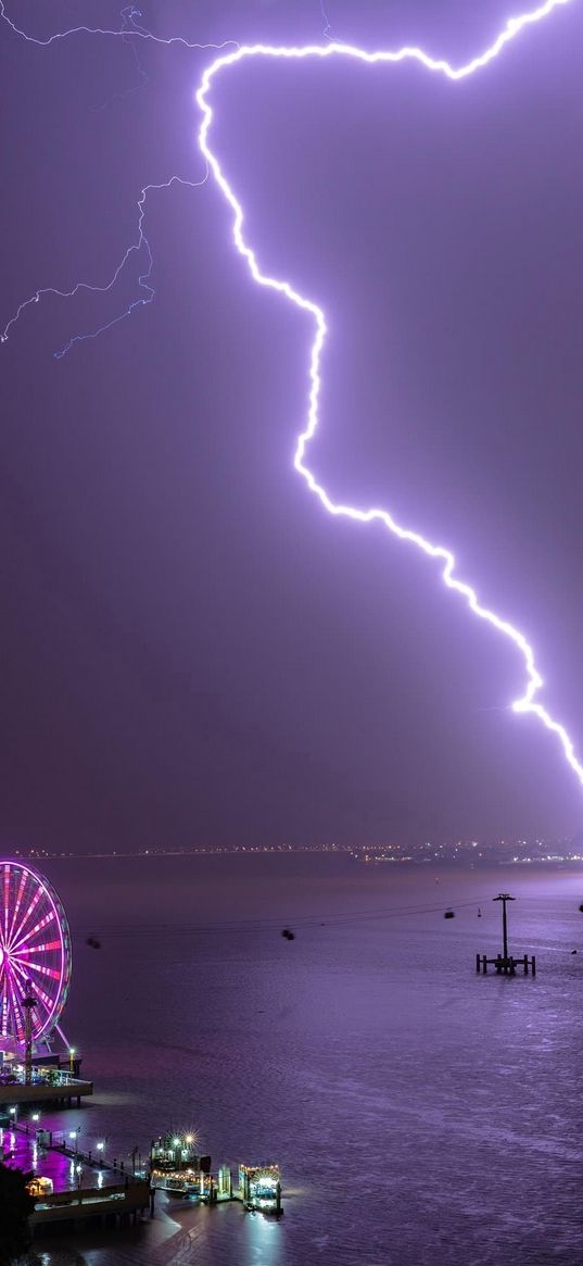 night, city, purple, ferris wheel, lightning, sea