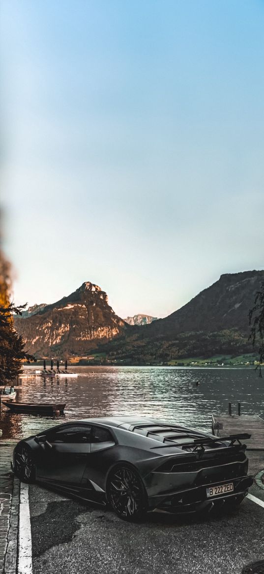 lamborghini huracan, cars, aventador, landscape, lake, mountains