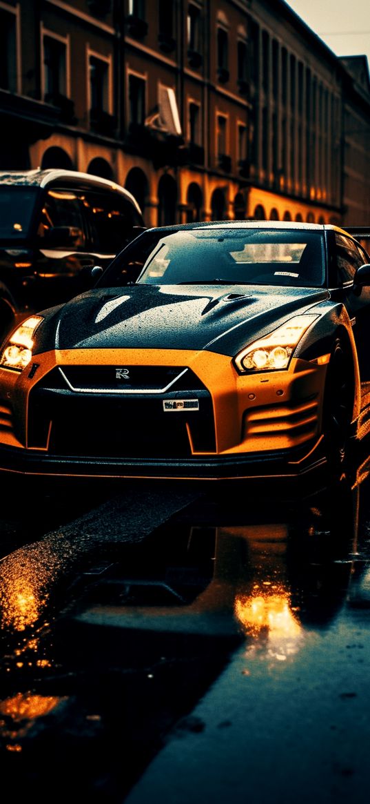 nissan gtr, nissan, car, sports car, black, yellow, drops, city