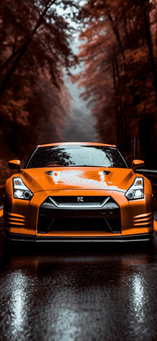 nissan gtr, nissan, car, orange, road, forest, rain