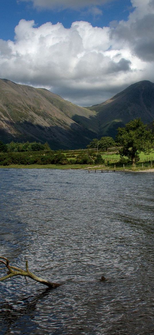 mountains, lake, greens, branch, sky, clouds