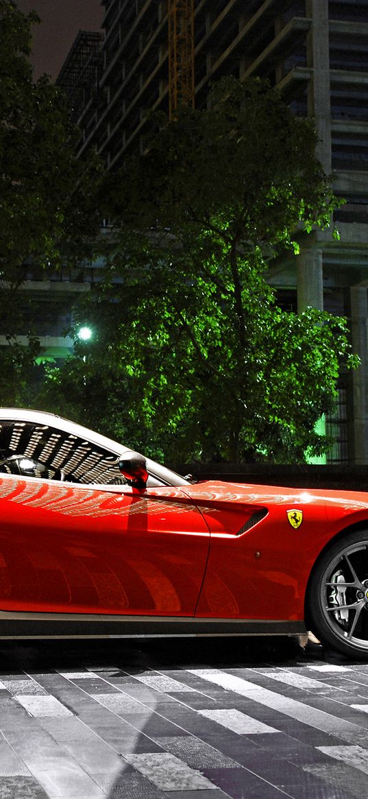 ferrari, 599, gto, red, supercar, night, parking, city, light, building