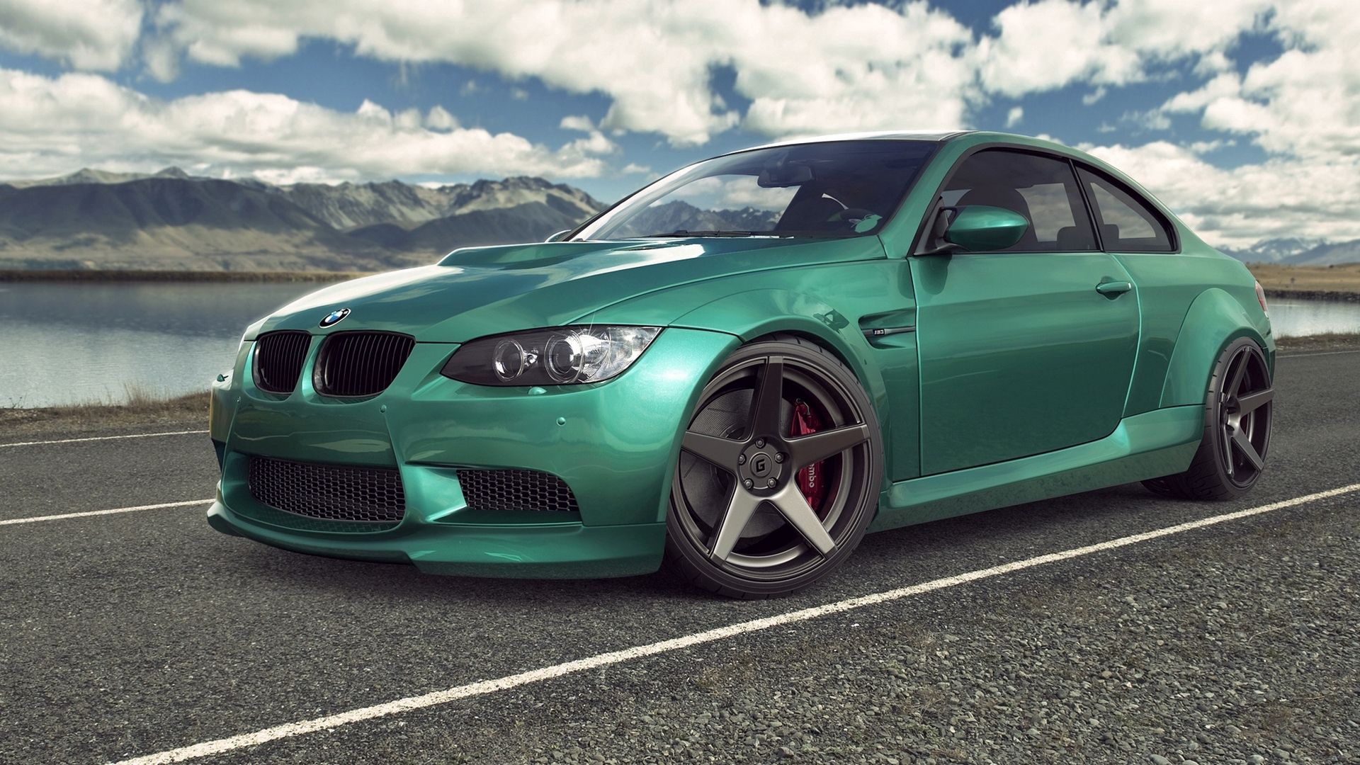 bmw, m3, e92, auto, car, green, road, sky, clouds