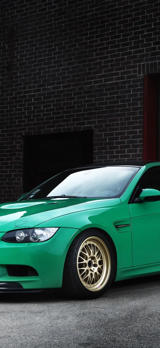 bmw, m3, e92, green, wheels, wing, brick walls, gates