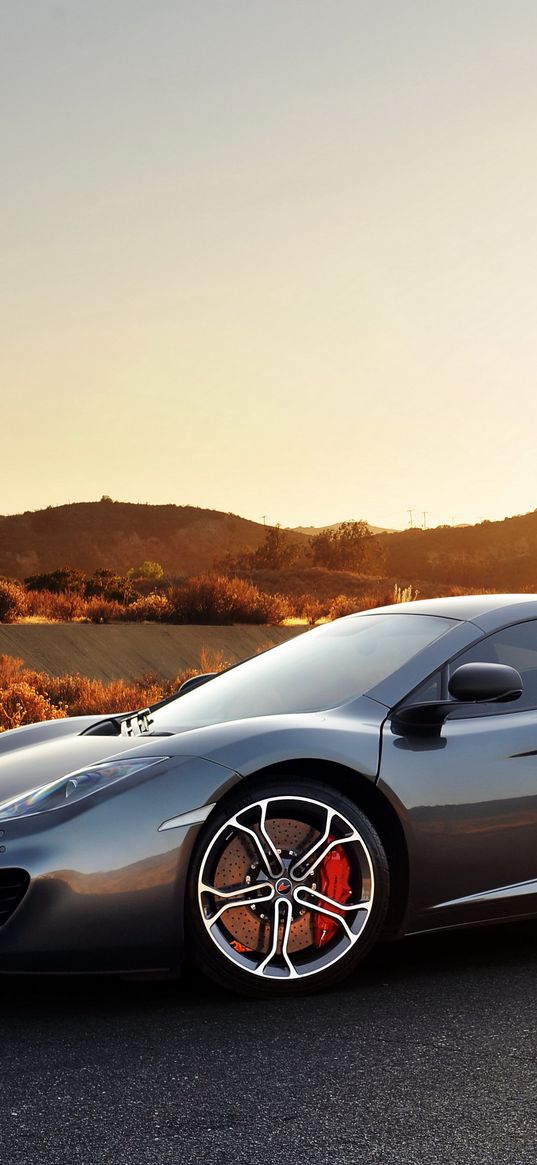 mclaren, mp4-12c, sport, car, supercar, gray, sunset