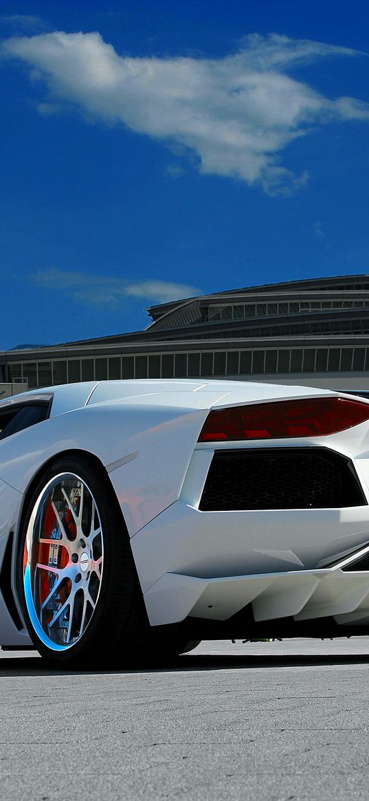 lamborghini, aventador, lp700-4, white, paving tiles, sky, clouds