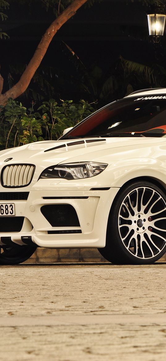 bmw, x6m, hamann, white, night, street, light