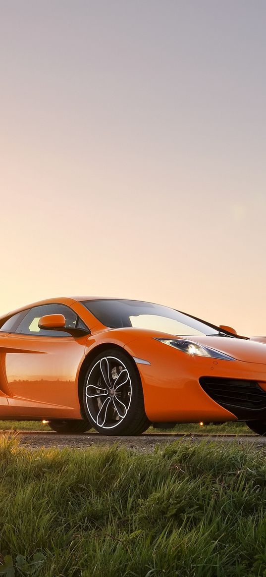 mclaren, mp4-12c, orange, front, sun, glare