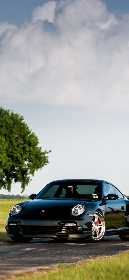 porsche, 911, turbo, 997, black, front, tree, sky