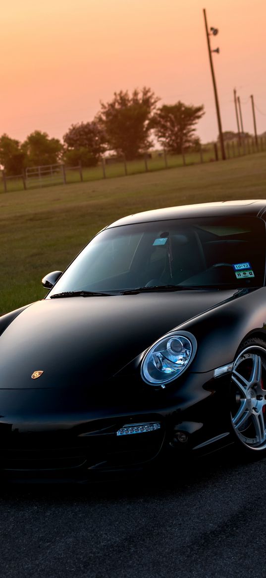 porsche, 911, turbo, 997, black, front, sun, grass, reflections