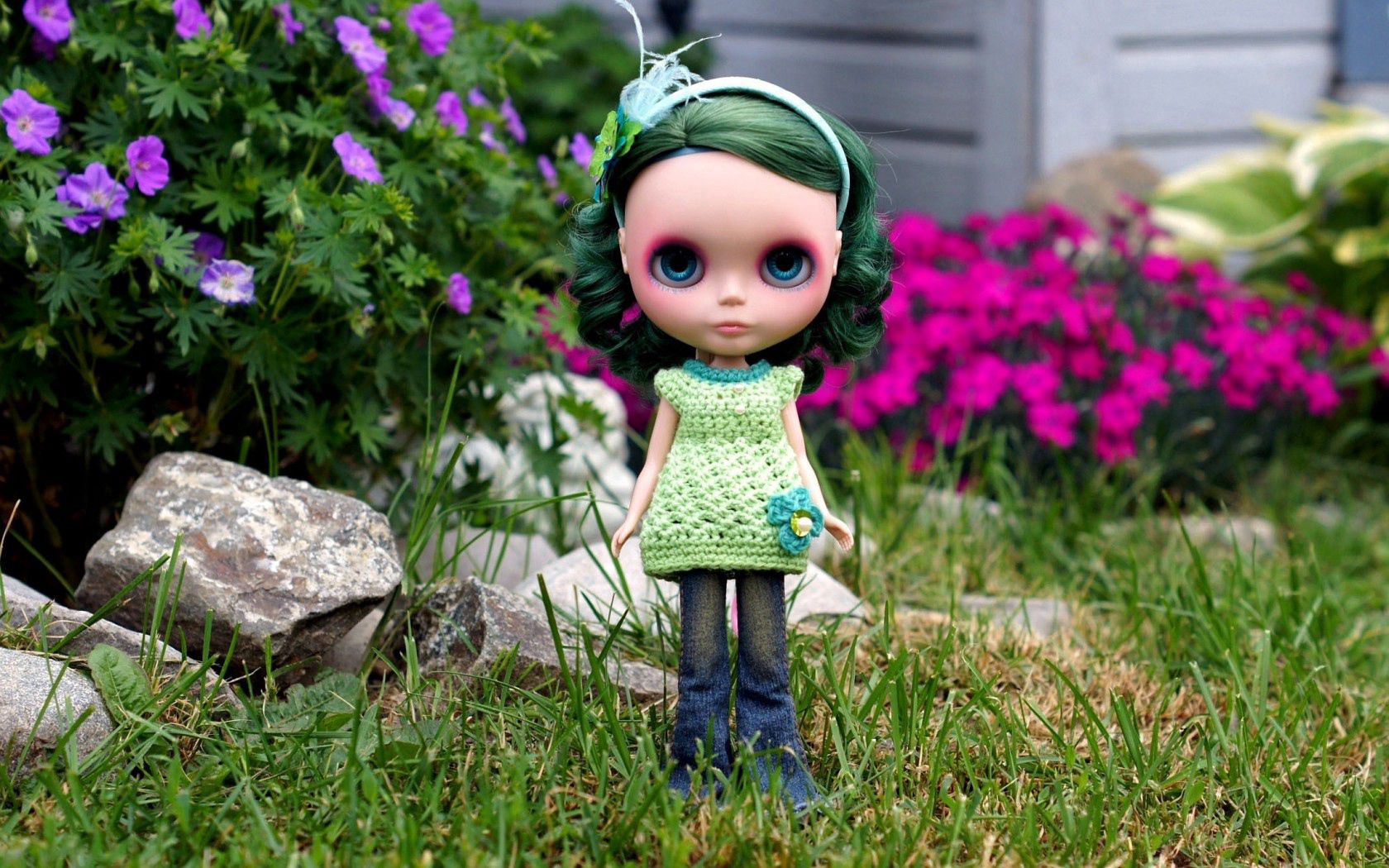 doll, toy, green hair, garden