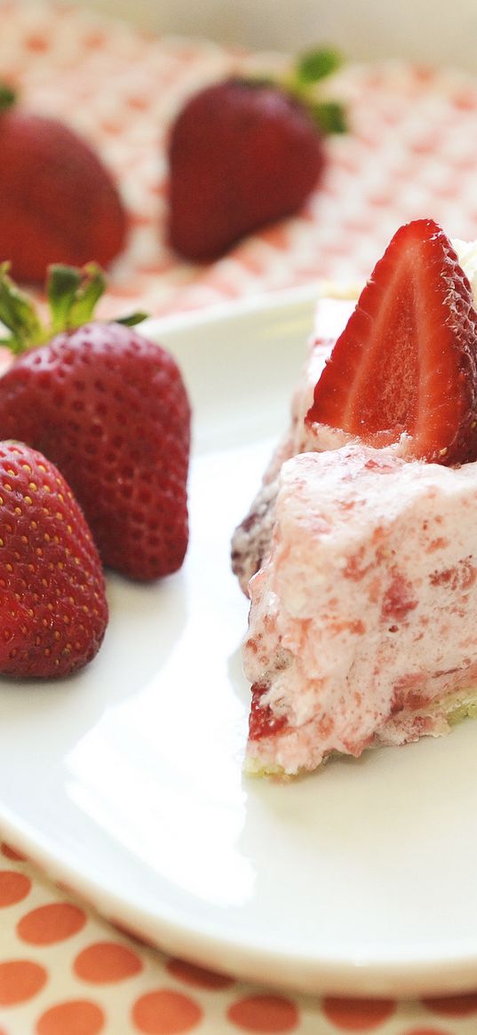 strawberries, cake, plate, fork, dessert