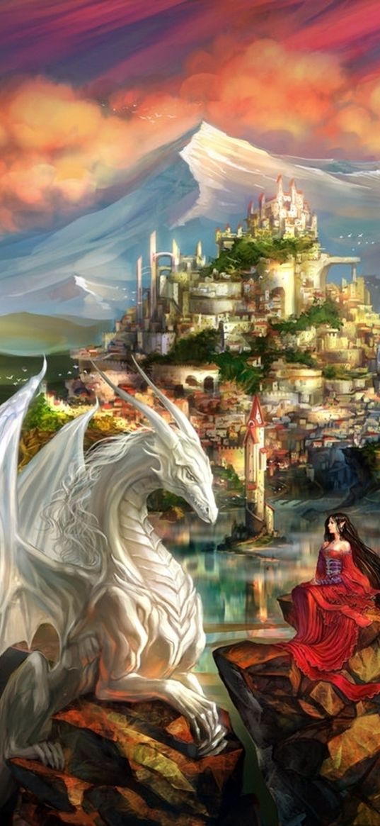 dragon, castle, princess, mountain landscape