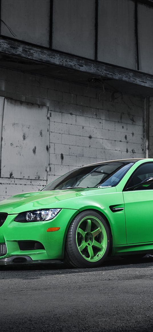 bmw, m3, e92, green, side view, wing, shadow, building