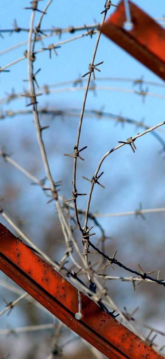 barbed wire, stretched, metal, rust, paint, sky