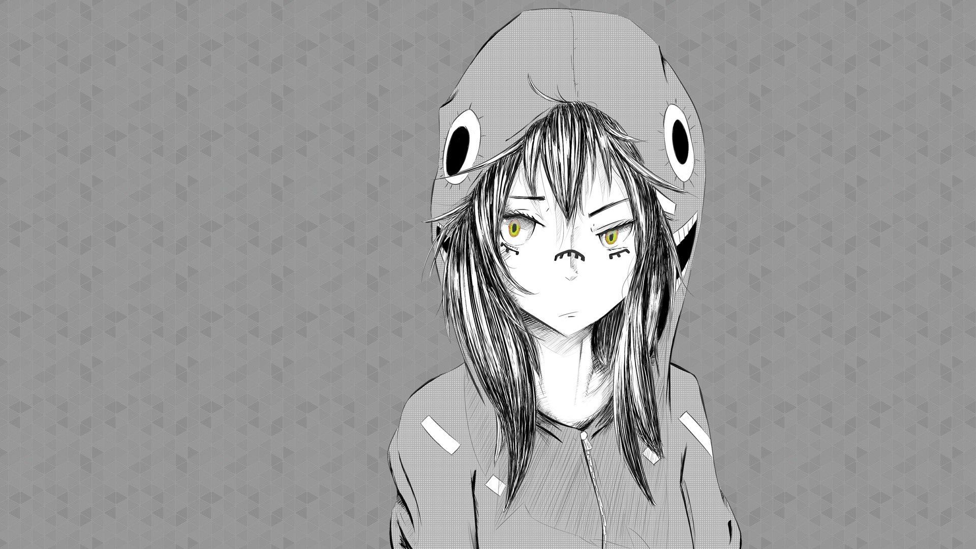 anime, girl, graphic, hat, black white