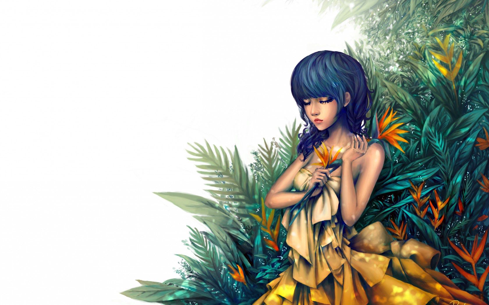 painting, art, girl, yellow dress, plants, face, eyes closed