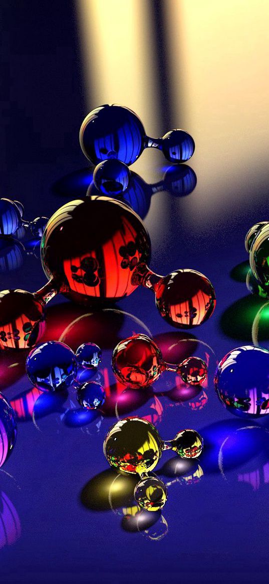 balls, molecule, massager, glass, reflection, color