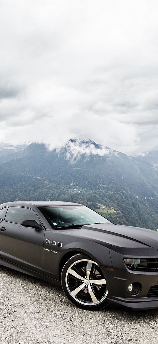 chevrolet, camaro ss, black, sky, clouds, mountains