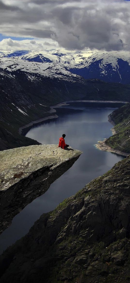 stone ledge, mountain, open, people, lake, freedom