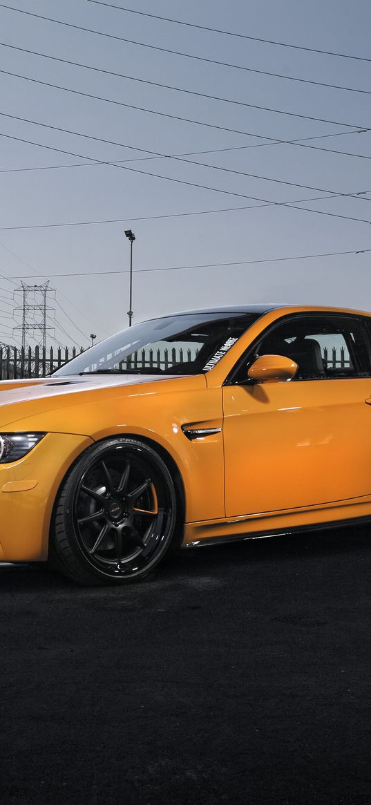 bmw, m3, e92, orange, power lines