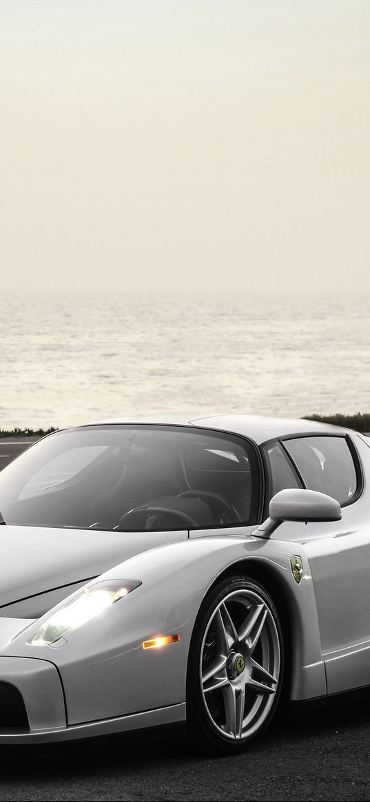 ferrari, enzo, silver, sea, background