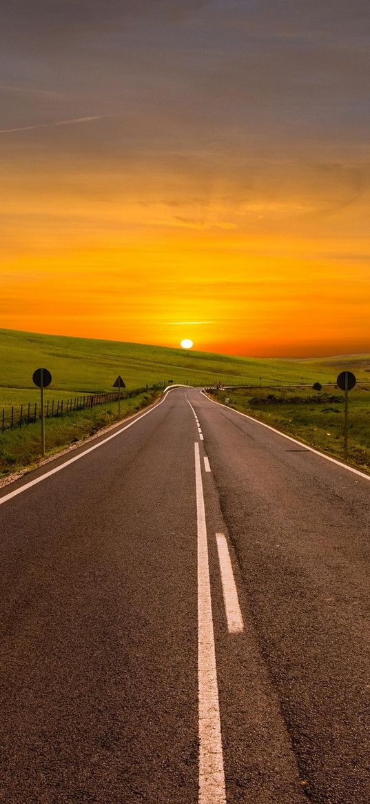 road, bending, marking, sunset, sky