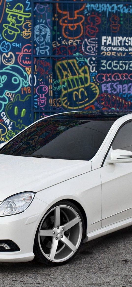 mercedes, e class, tuning, white, graffiti