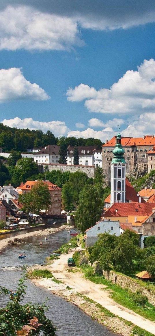 czech, buildings, trees, river