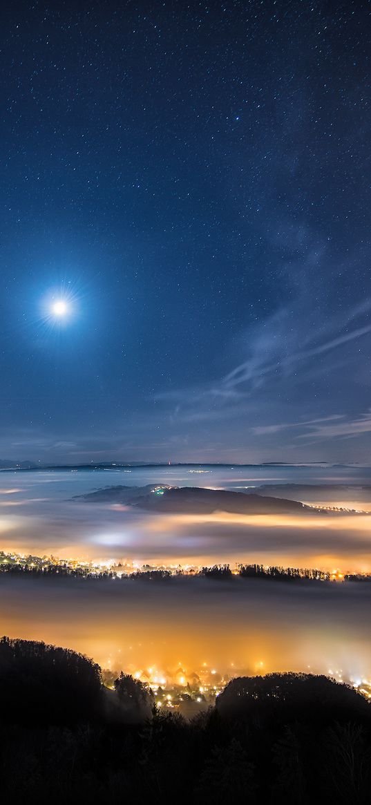 switzerland, city, evening, alps, mountains, fog