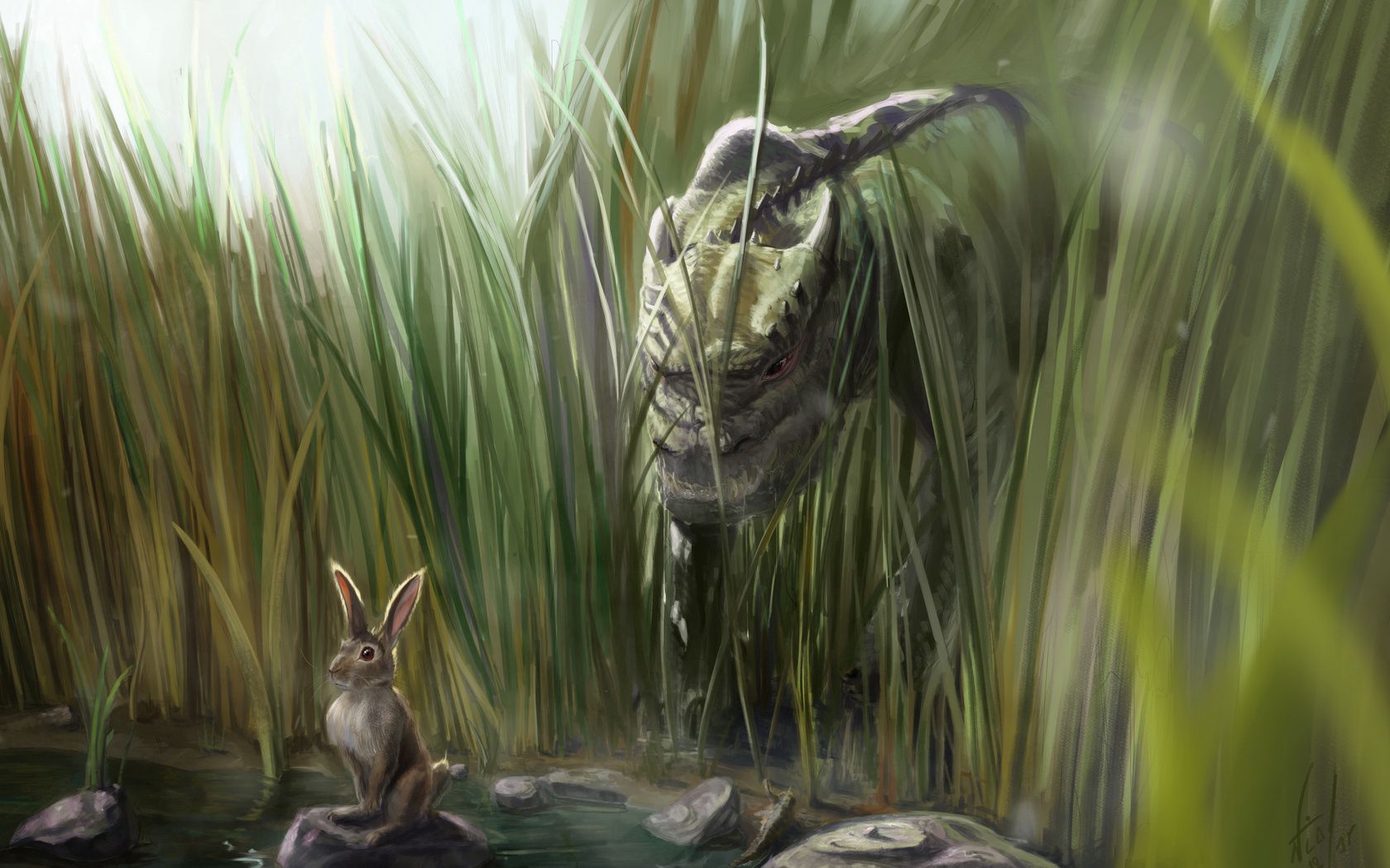 dinosaur, rabbit, grass, art, stones