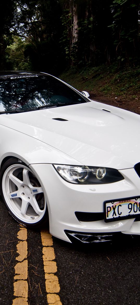 bmw, m3, e92, white, coupe, hood, road, markings