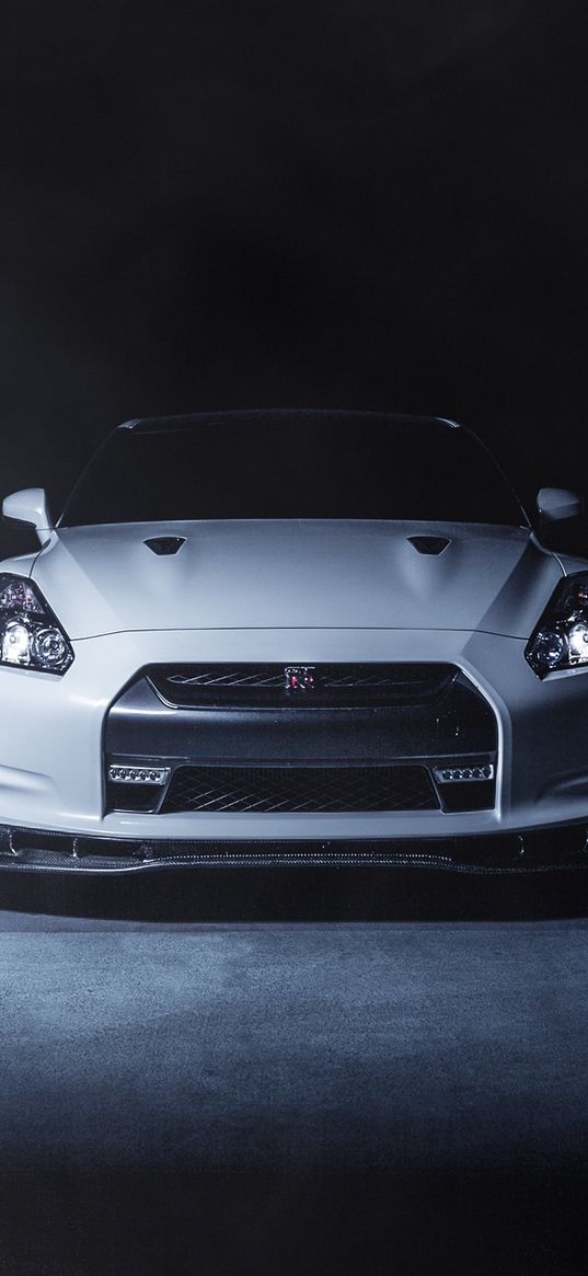 nissan, gt-r, r35, white, front, smoke