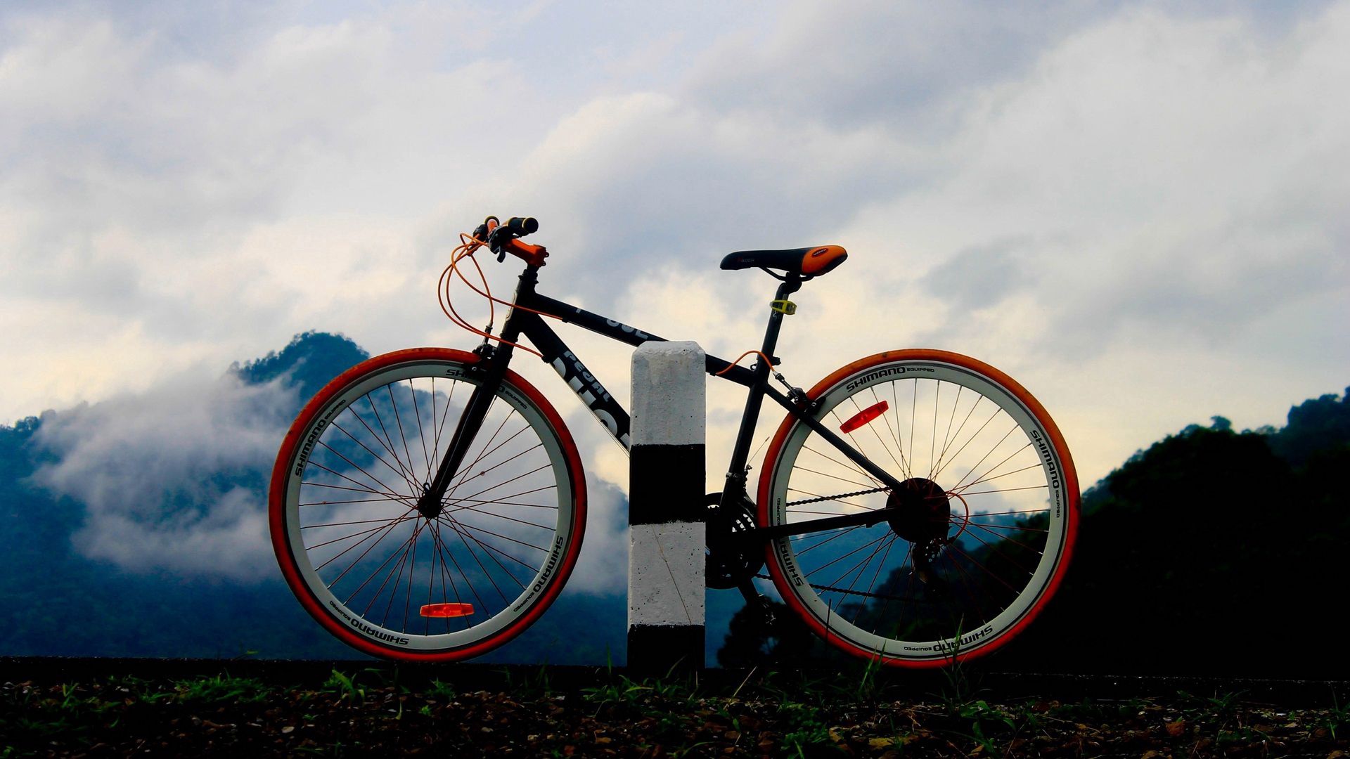 bicycle, sports, pole, evening, mountains, fog