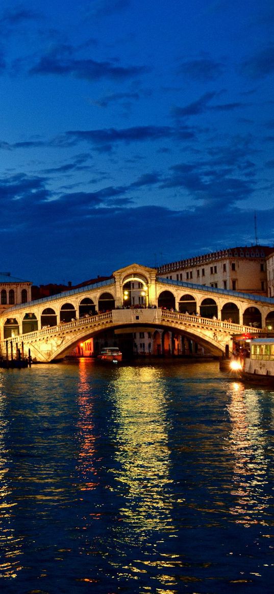 venice, canal, gondola, boat, night, lights, houses, clouds, italy